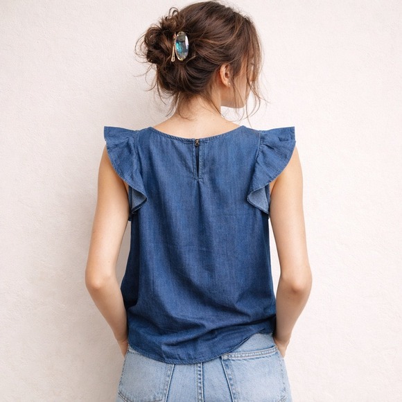J.Crew Denim Chambray Ruffle Sleeveless Top Blue Sz 6 - Picture 2 of 5